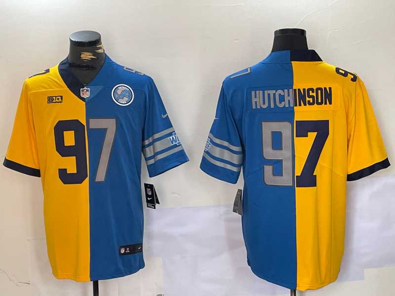 Mens Detroit Lions #97 Aidan Hutchinson Yellow Blue Split Vapor Limited Stitched Jersey Dzhi